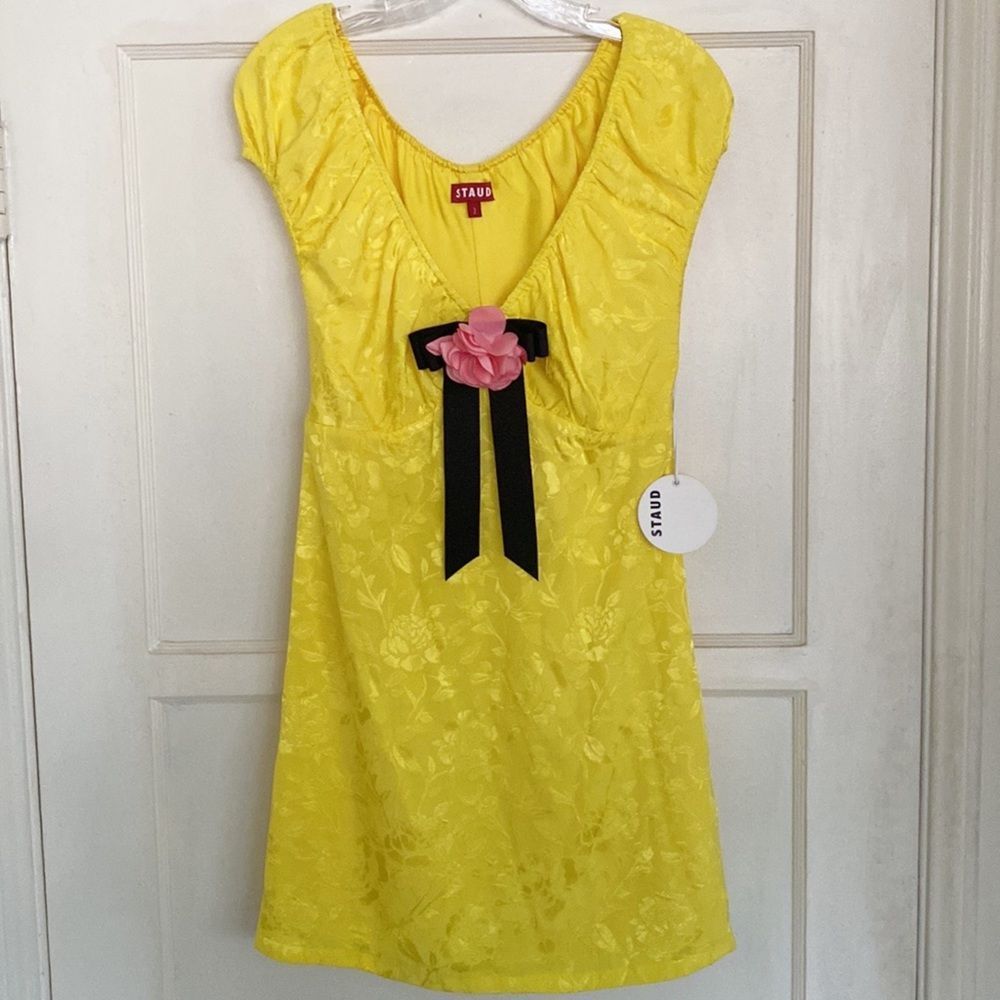 STAUD Yellow Mini Dress with Black Ribbon and Pink Flower